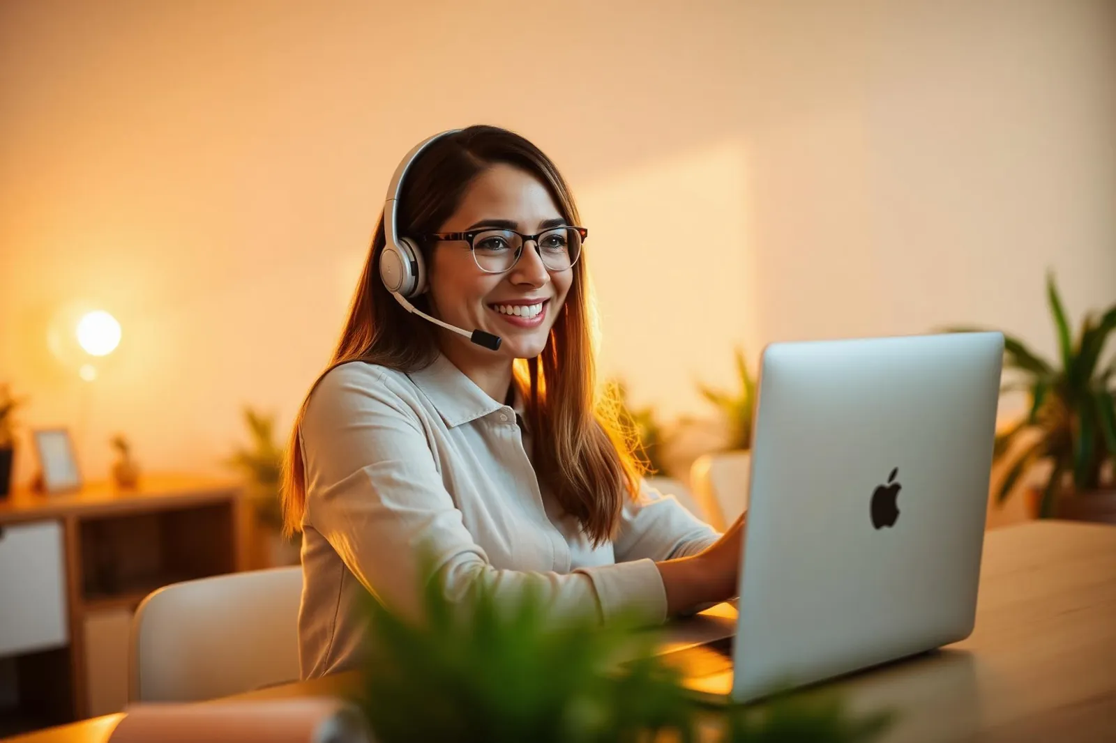 Vriendelijke medewerker met headset achter laptop, warm avondlicht