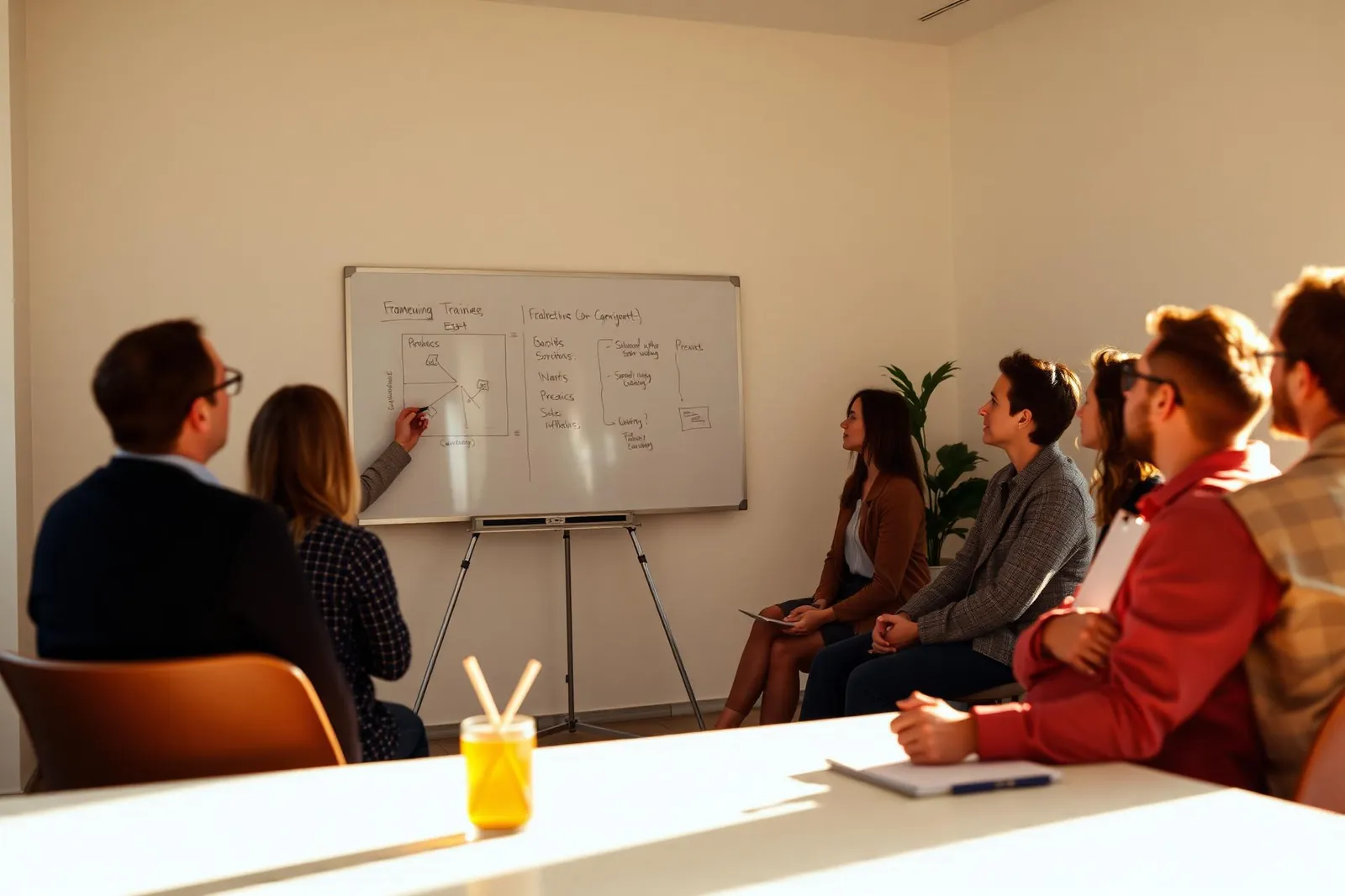 Salestrainer aan een whiteboard met aandachtige cursisten in warm licht