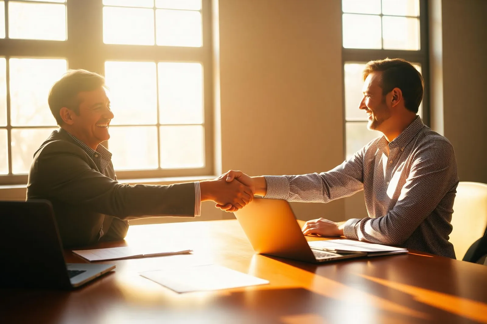 Twee professionals geven elkaar een handdruk na een geslaagd gesprek, gouden licht