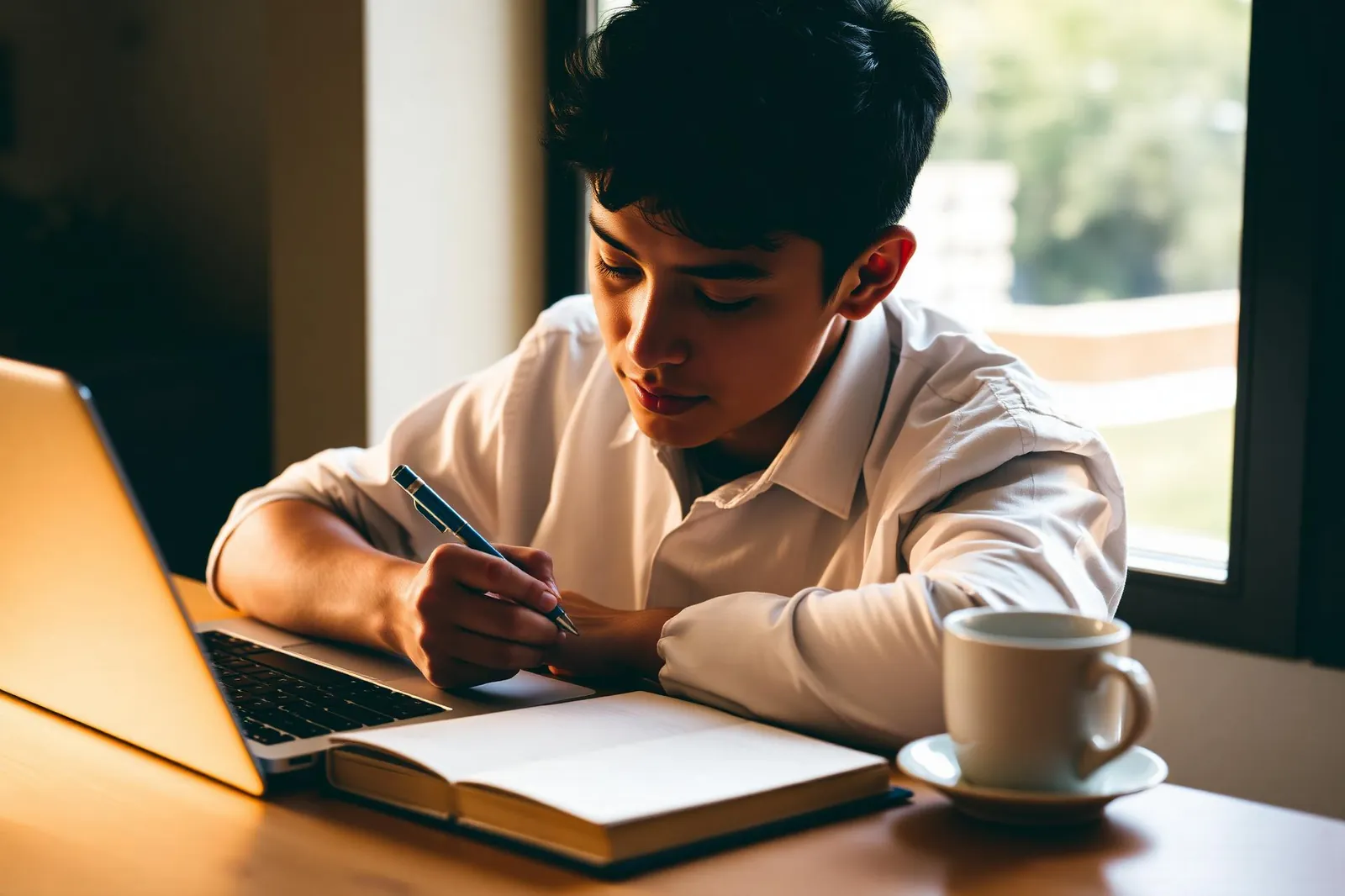 Student maakt notities naast een laptop bij warm raamlicht